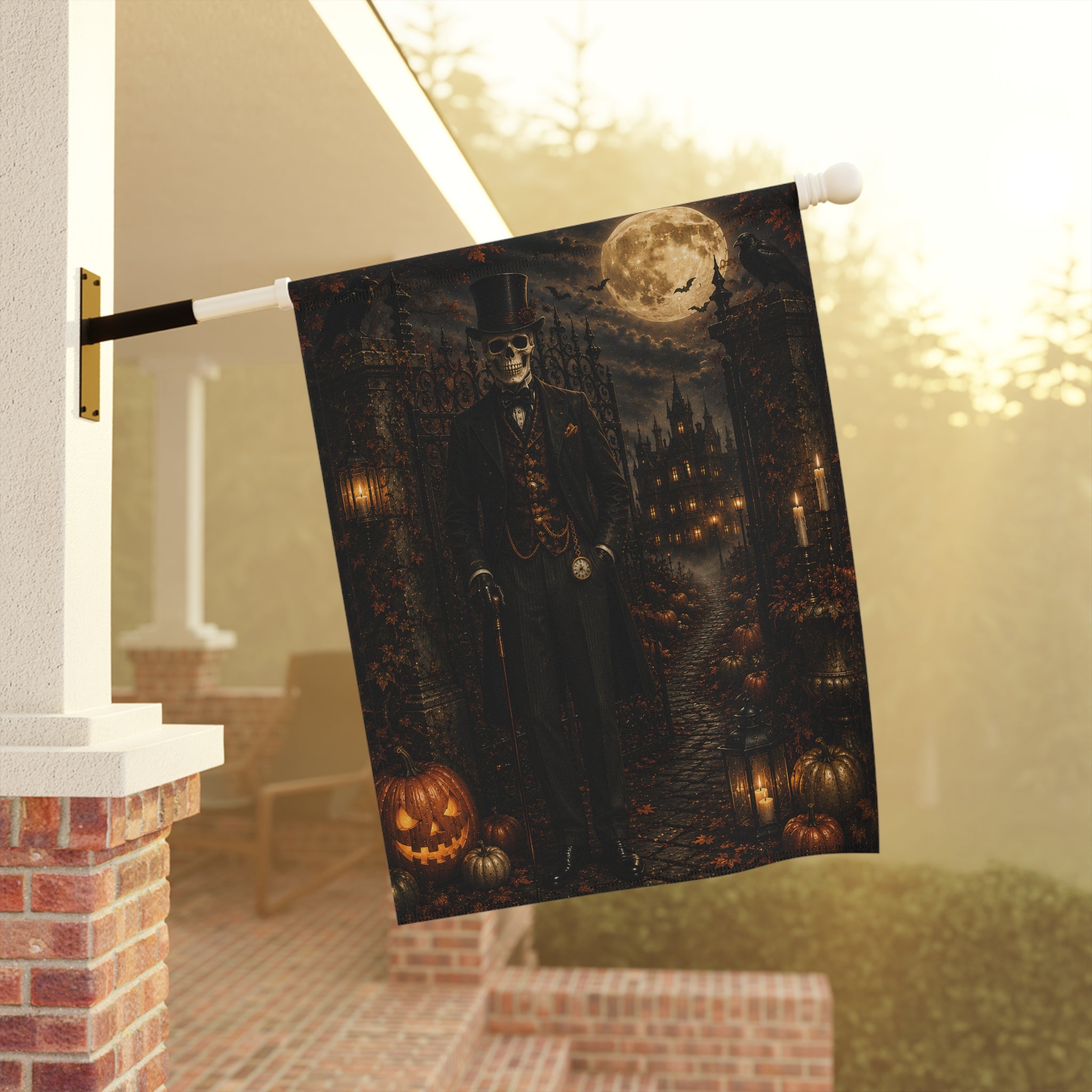 Halloween Skeleton Gentleman Garden Flag - Spooky Moonlit Pumpkin House Banner