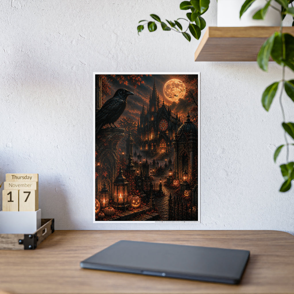 Halloween Gothic Castle Poster — Raven, Full Moon & Pumpkin Night Wall Art