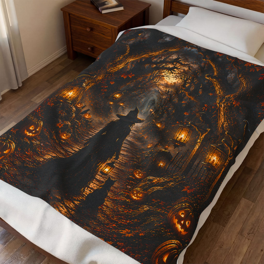 Halloween Witch Path Plush Blanket — Spooky Jack-O'-Lantern Velveteen Throw