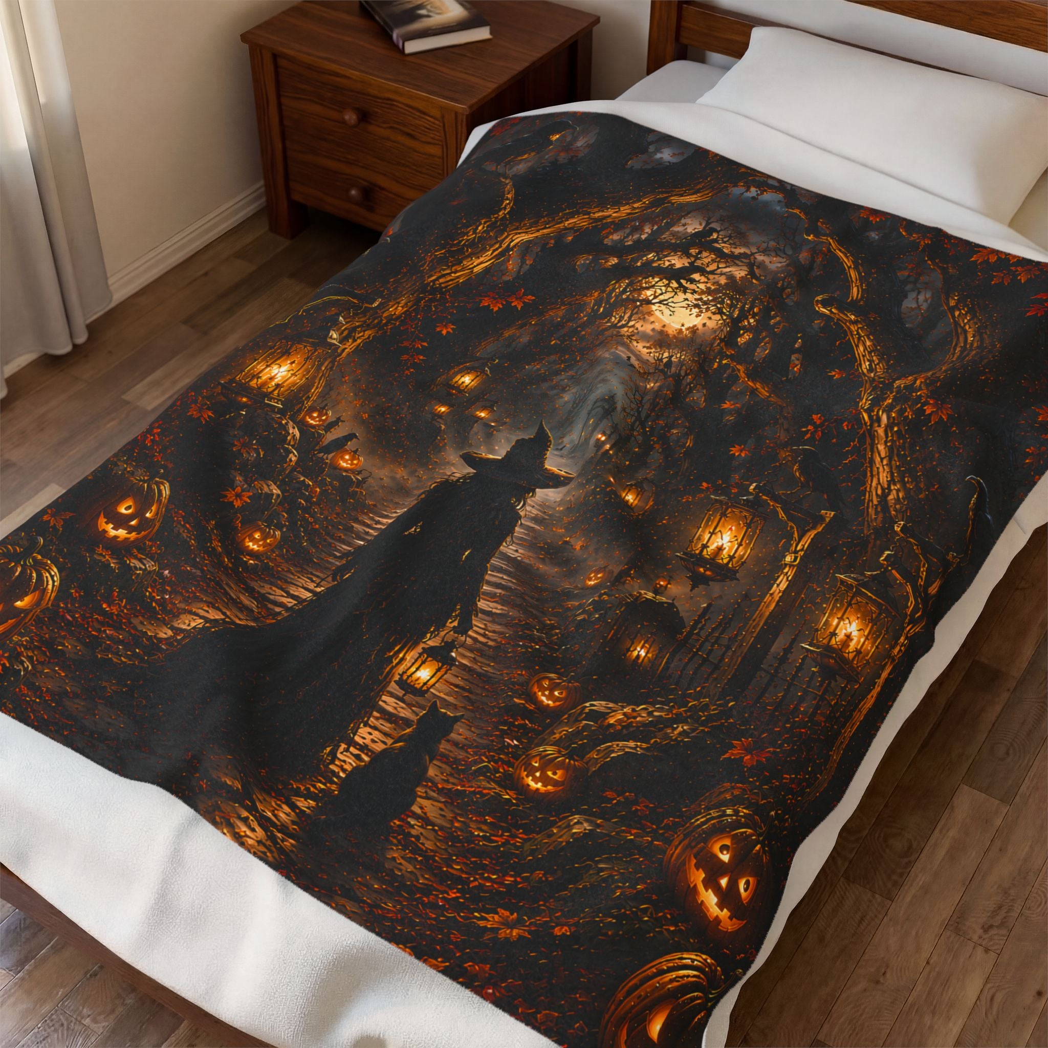 Halloween Witch Path Plush Blanket — Spooky Jack-O'-Lantern Velveteen Throw
