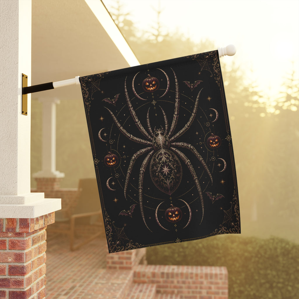 Gothic Spider Halloween Garden Flag – Jack-O'-Lantern & Bat House Banner