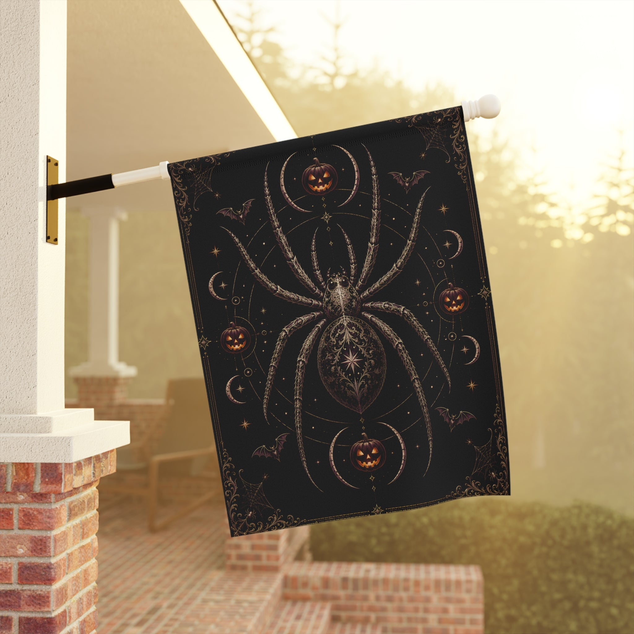 Gothic Spider Halloween Garden Flag – Jack-O'-Lantern & Bat House Banner