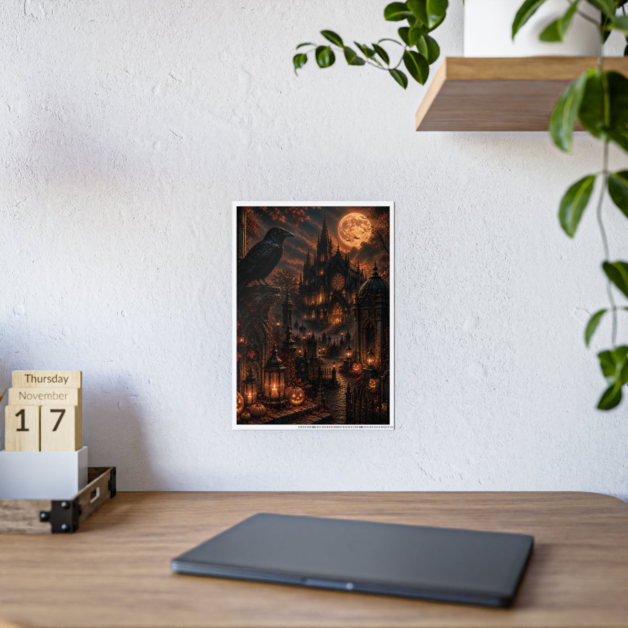 Halloween Gothic Castle Poster — Raven, Full Moon & Pumpkin Night Wall Art