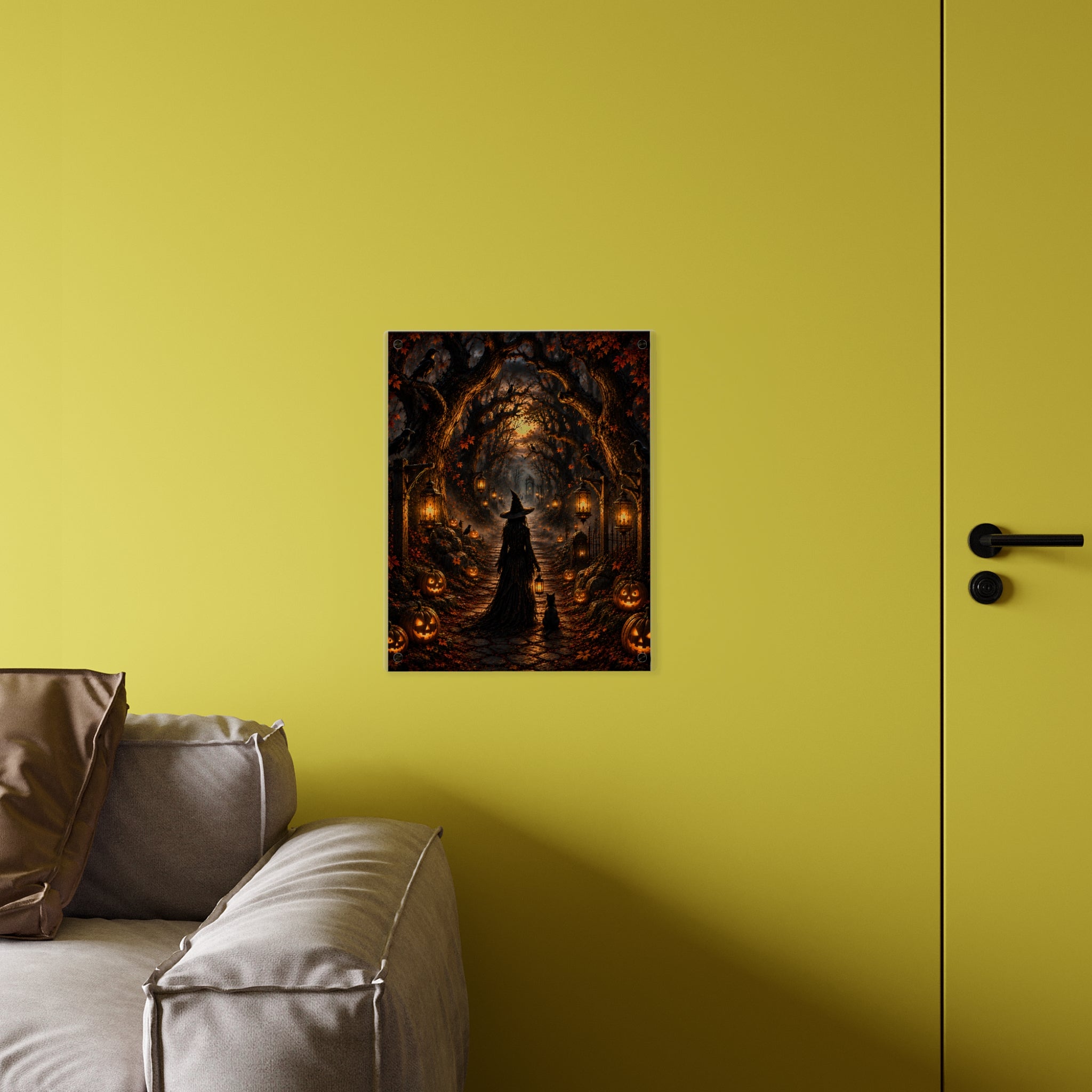 Halloween Witch Acrylic Wall Art Panel — Spooky Pumpkin Pathway Décor