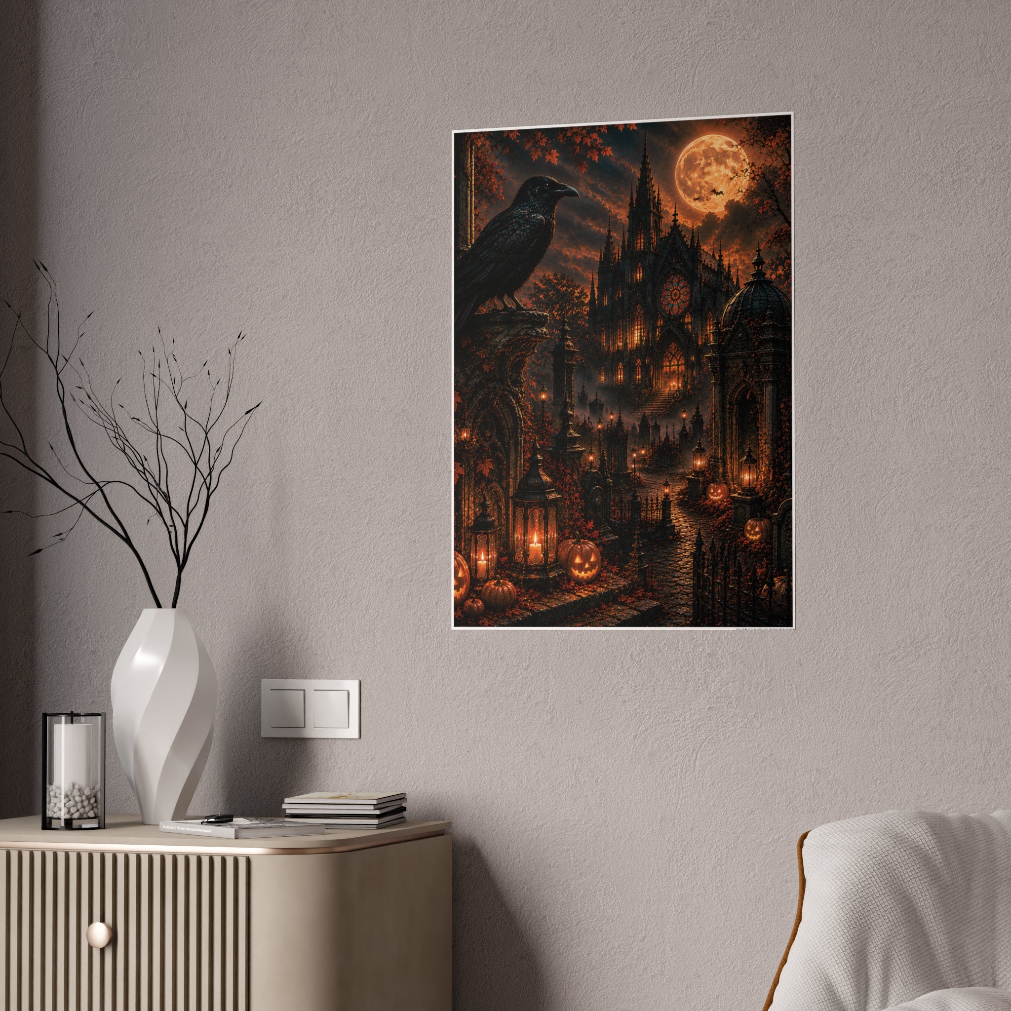 Halloween Gothic Castle Poster — Raven, Full Moon & Pumpkin Night Wall Art
