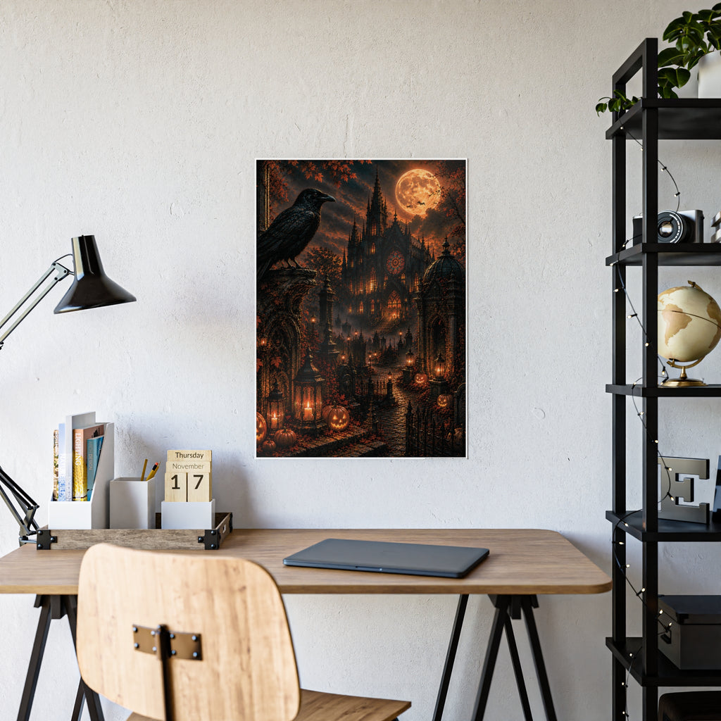 Halloween Gothic Castle Poster — Raven, Full Moon & Pumpkin Night Wall Art