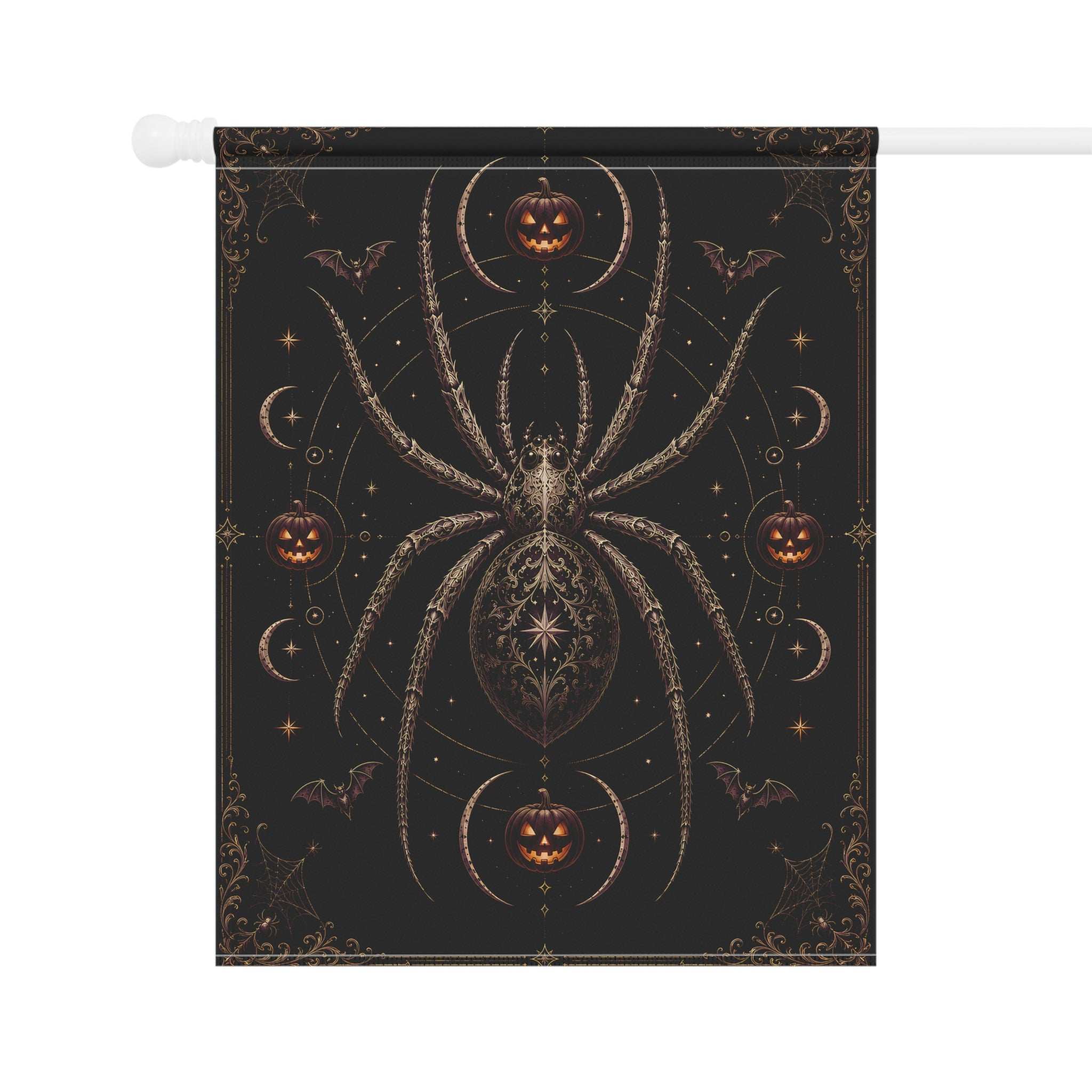 Gothic Spider Halloween Garden Flag – Jack-O'-Lantern & Bat House Banner