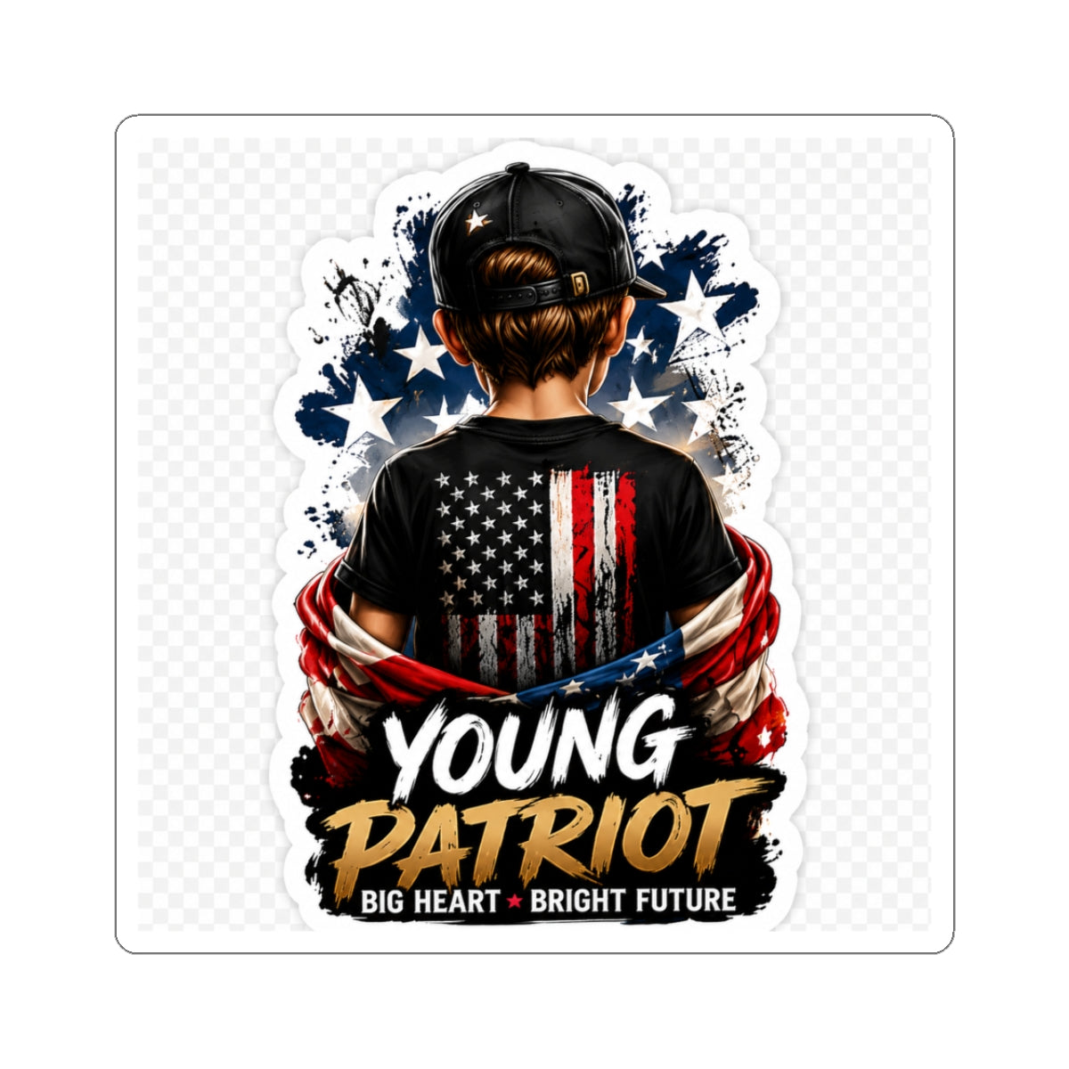 Young Patriot Sticker — Kid with American Flag "Big Heart • Bright Future" Kiss-Cut Sticker