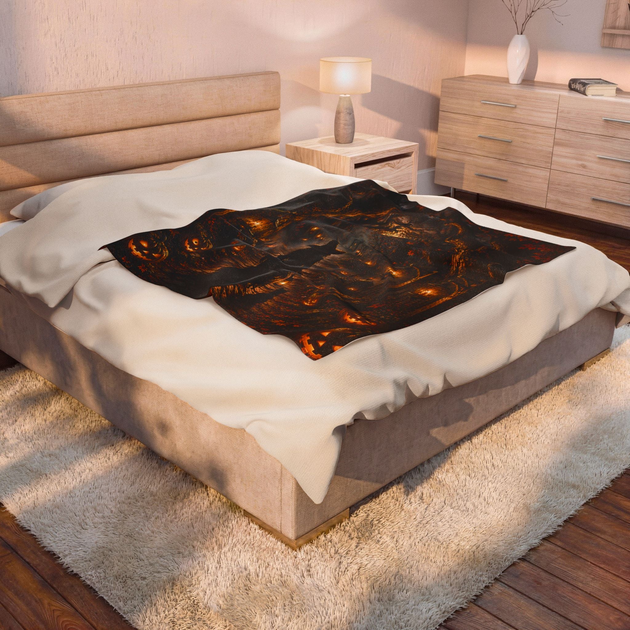 Halloween Witch Path Plush Blanket — Spooky Jack-O'-Lantern Velveteen Throw