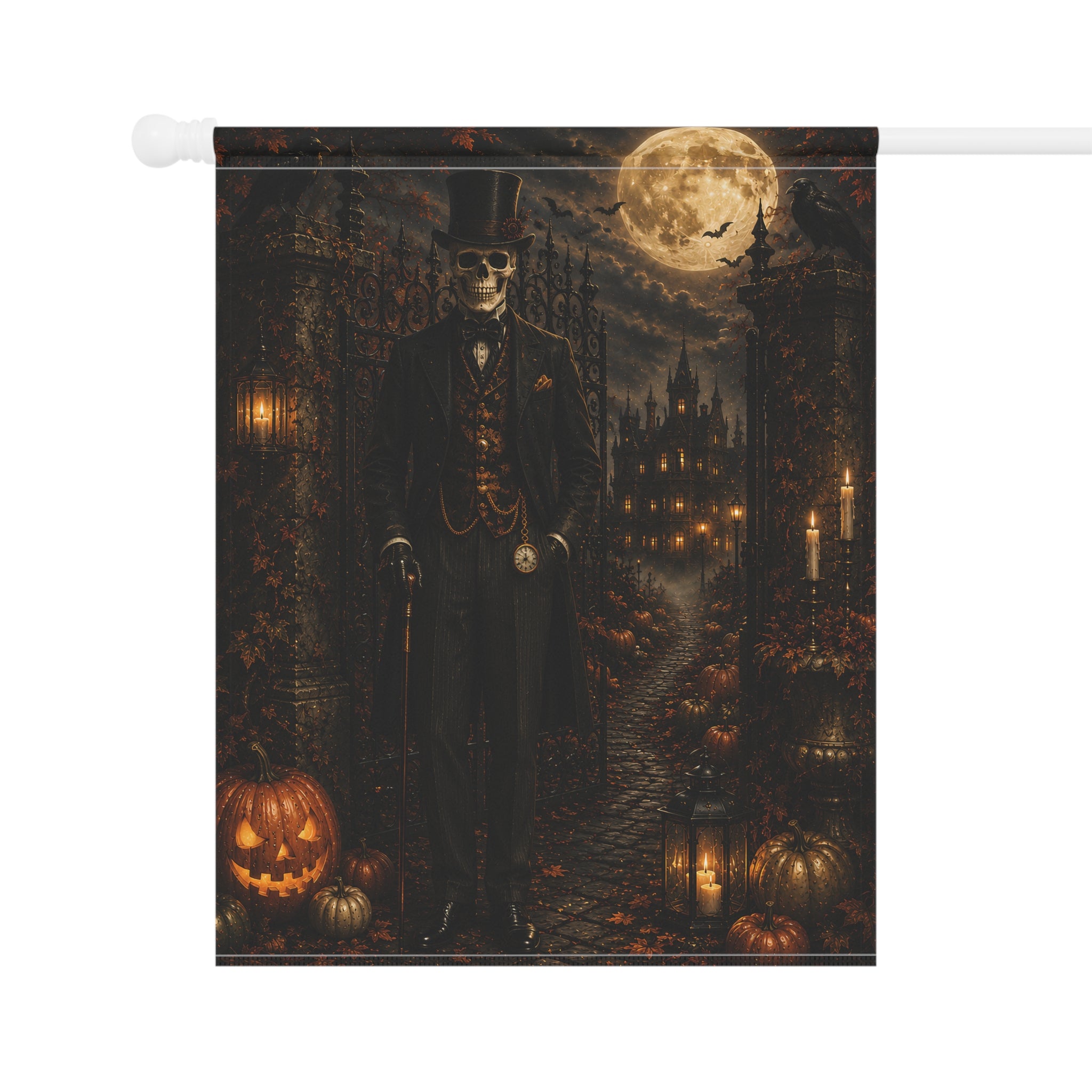 Halloween Skeleton Gentleman Garden Flag - Spooky Moonlit Pumpkin House Banner