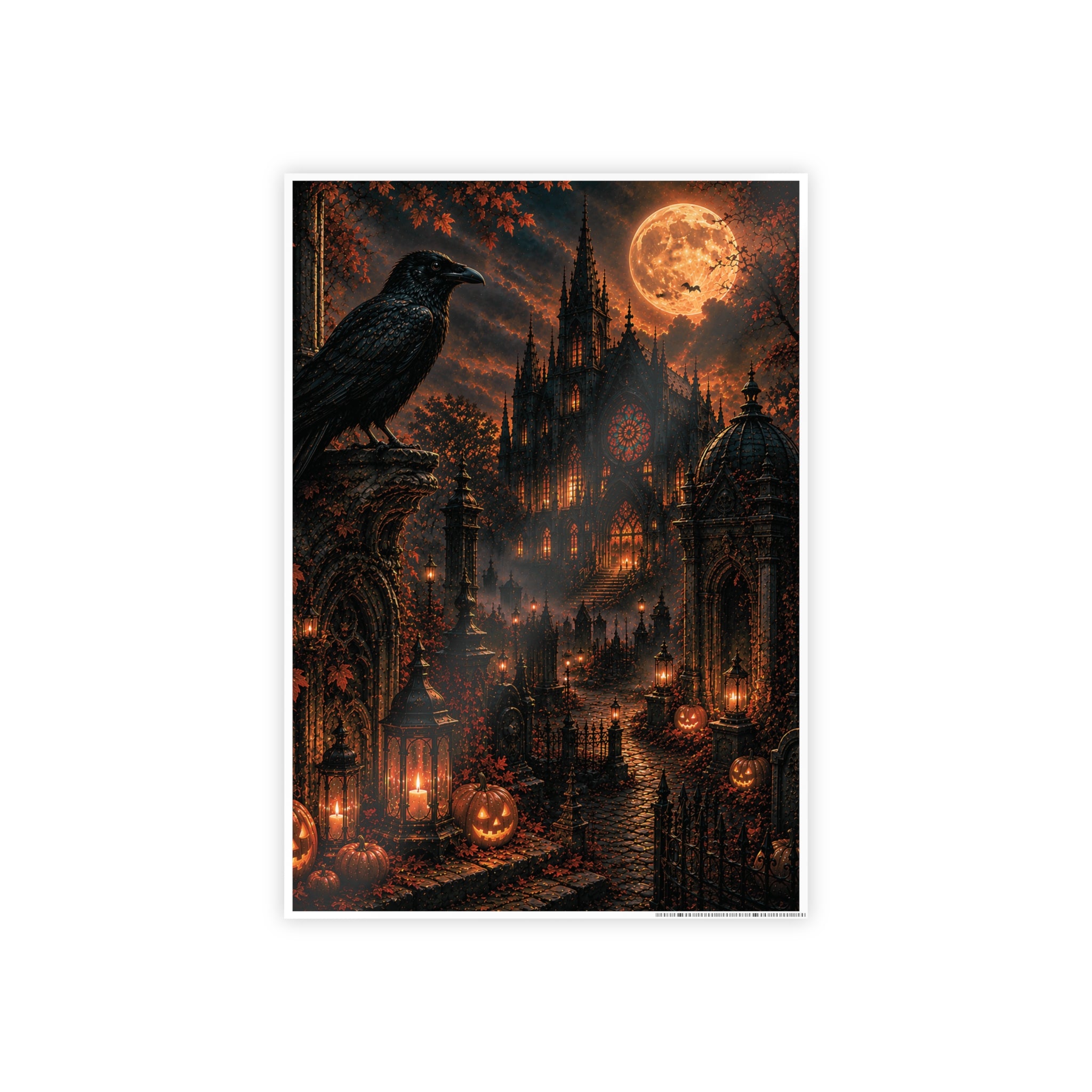 Halloween Gothic Castle Poster — Raven, Full Moon & Pumpkin Night Wall Art