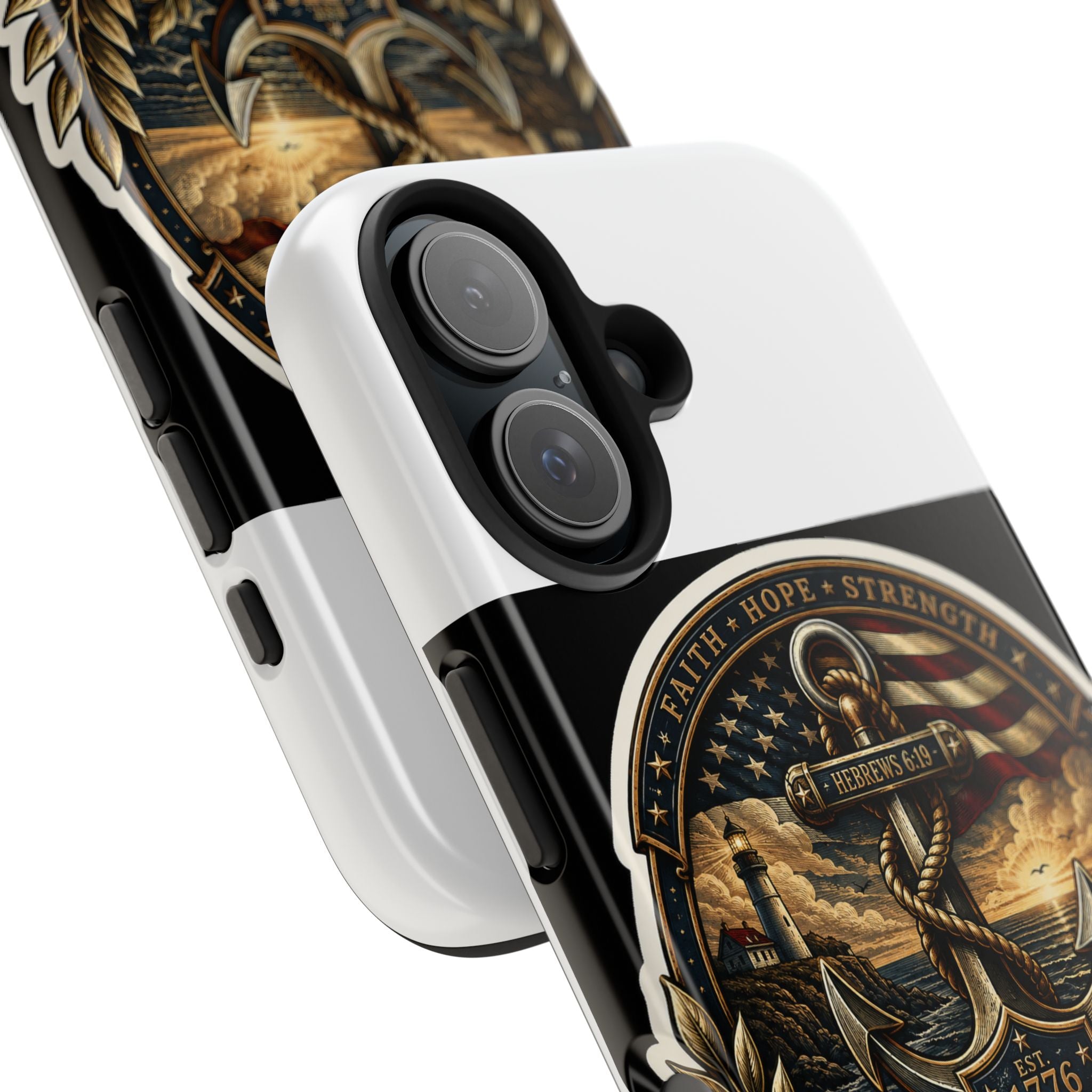 Anchored in Faith Tough Phone Case — Patriotic Anchor & Lighthouse Design (Refuse to Drift)