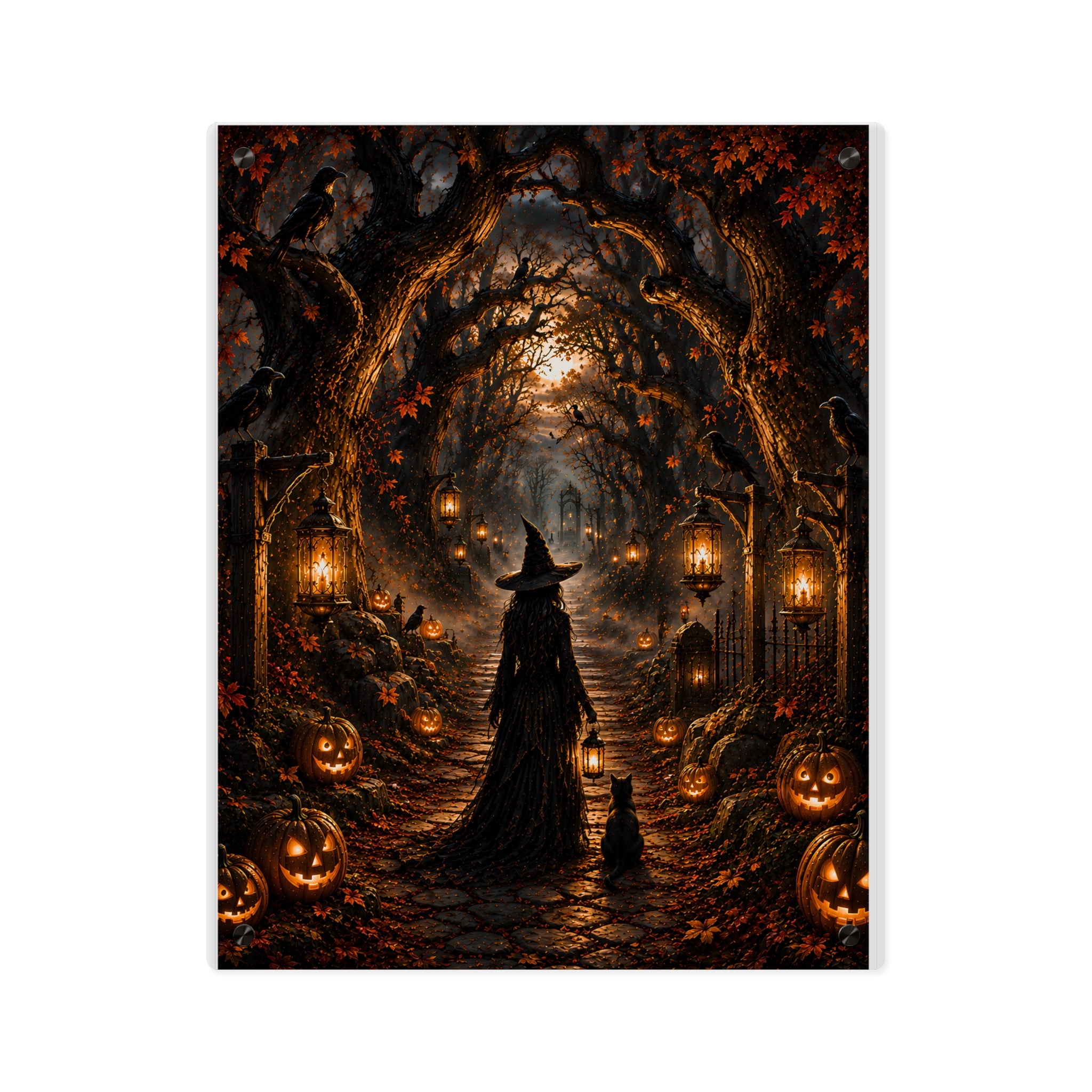 Halloween Witch Acrylic Wall Art Panel — Spooky Pumpkin Pathway Décor