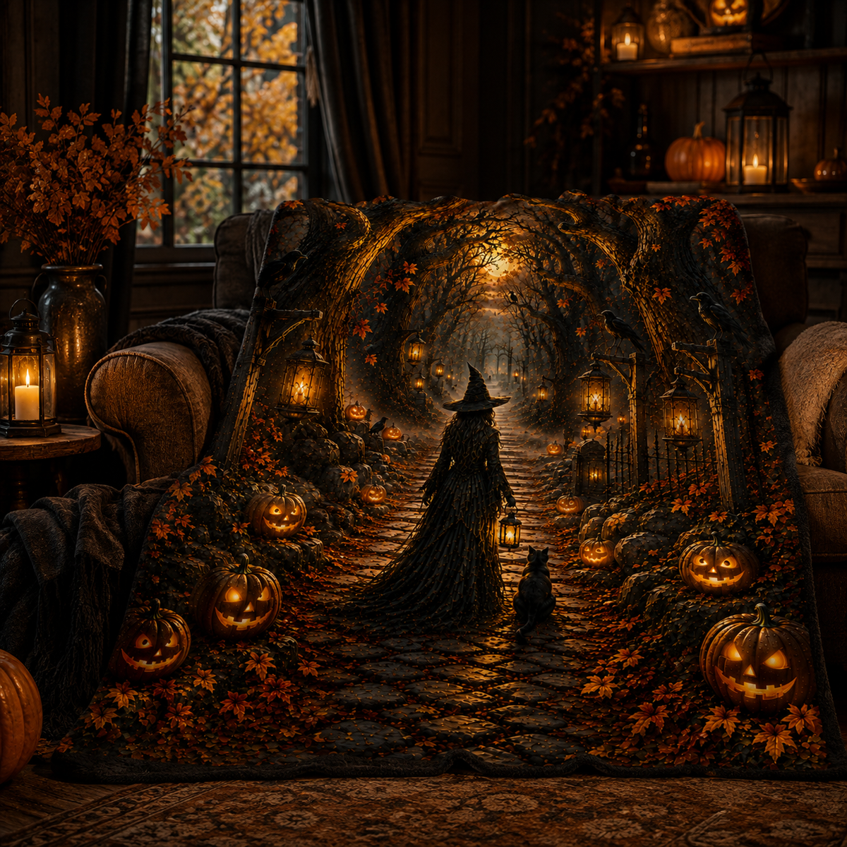 Halloween Witch Path Plush Blanket — Spooky Jack-O'-Lantern Velveteen Throw