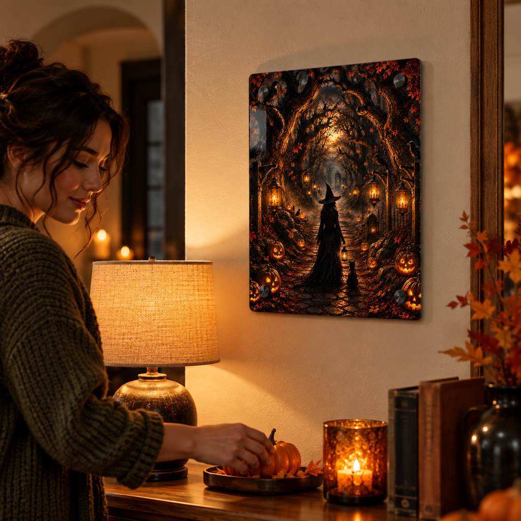 Halloween Witch Acrylic Wall Art Panel — Spooky Pumpkin Pathway Décor