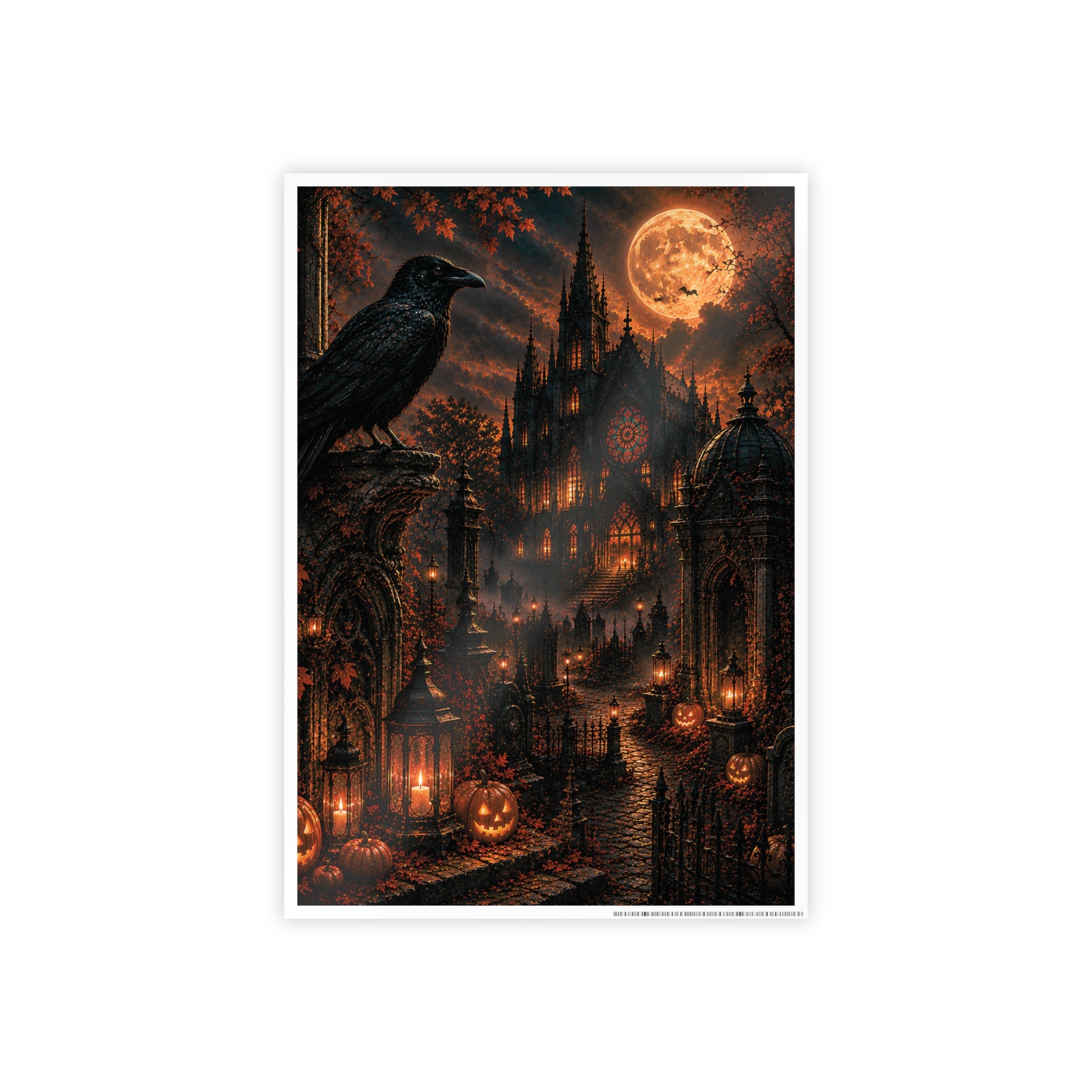Halloween Gothic Castle Poster — Raven, Full Moon & Pumpkin Night Wall Art