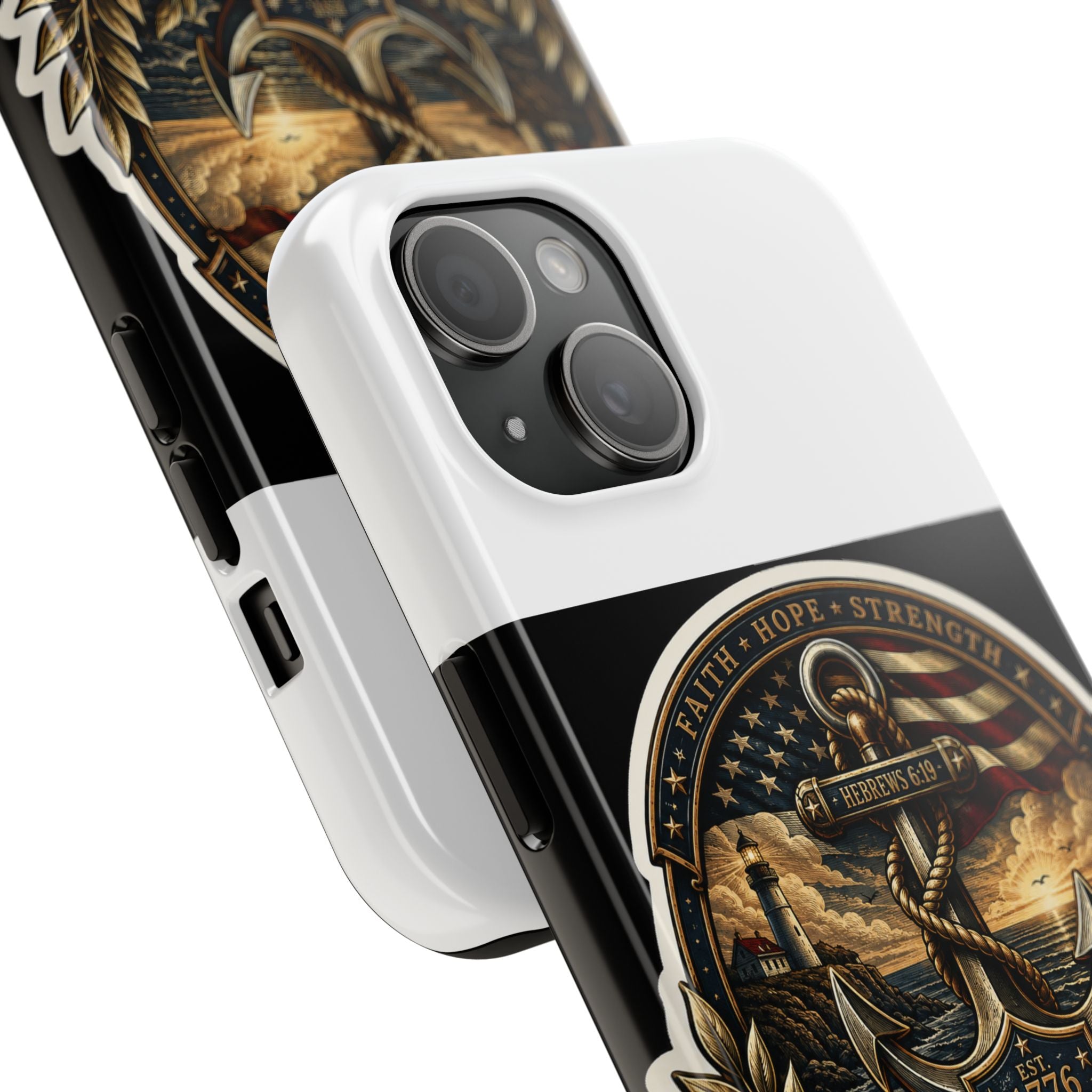 Anchored in Faith Tough Phone Case — Patriotic Anchor & Lighthouse Design (Refuse to Drift)
