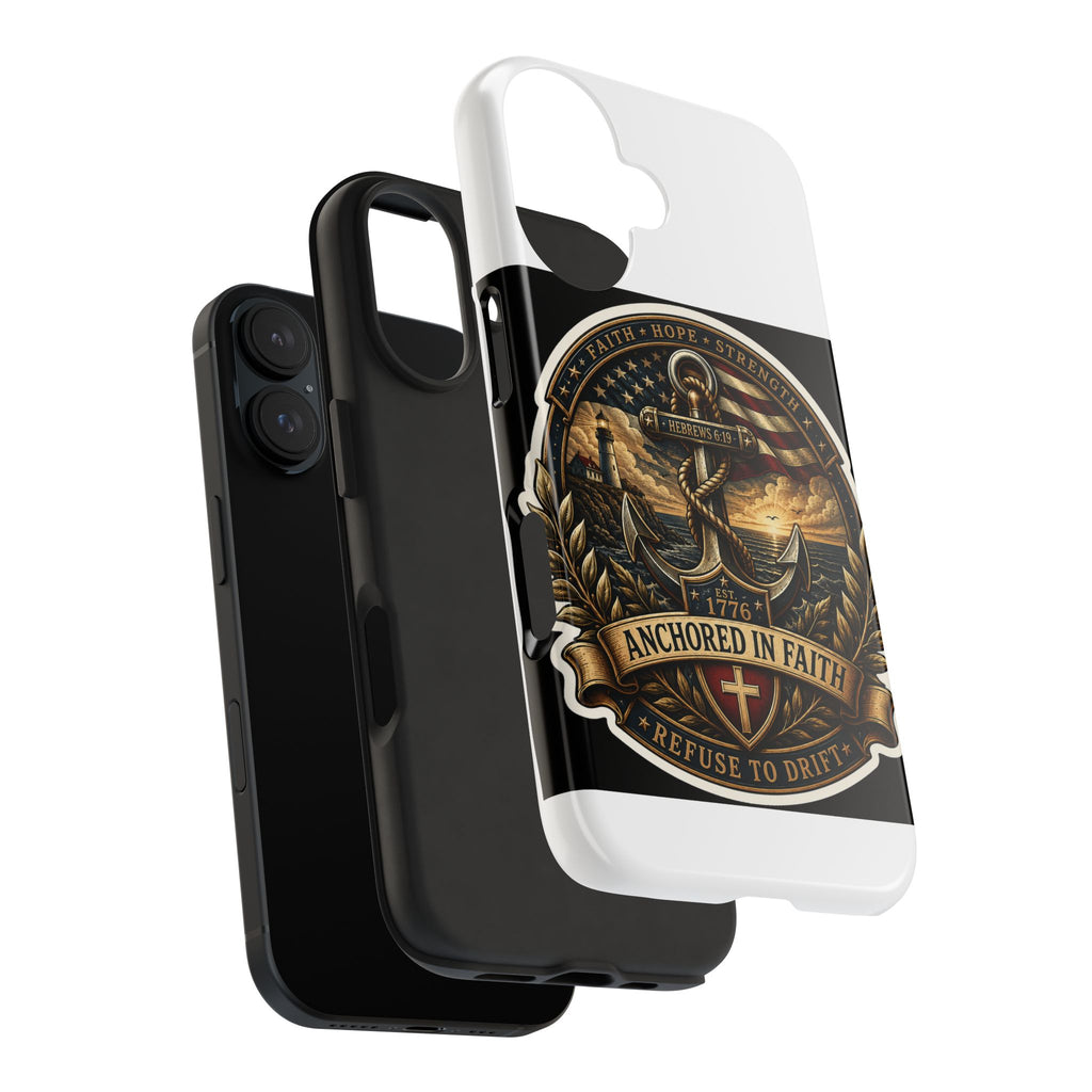 Anchored in Faith Tough Phone Case — Patriotic Anchor & Lighthouse Design (Refuse to Drift)