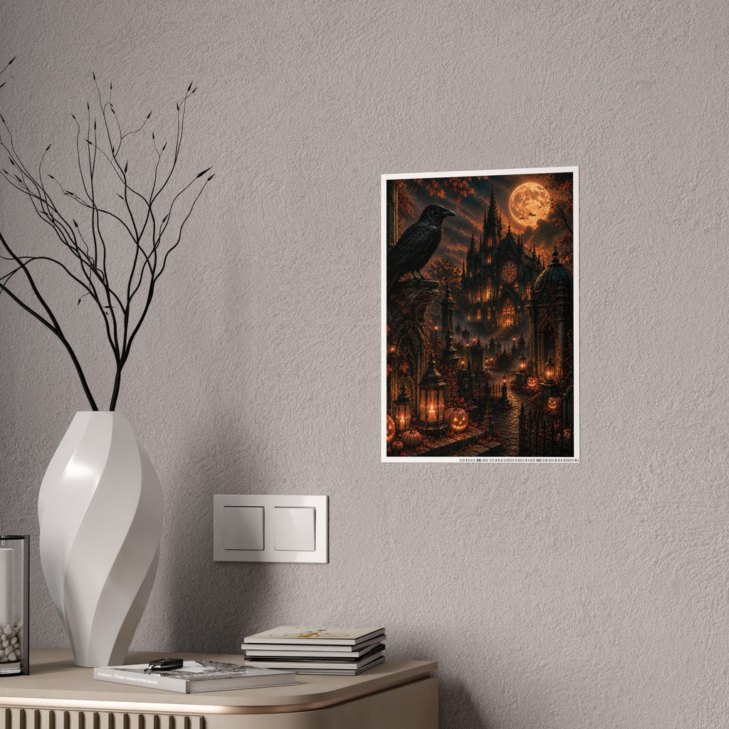 Halloween Gothic Castle Poster — Raven, Full Moon & Pumpkin Night Wall Art