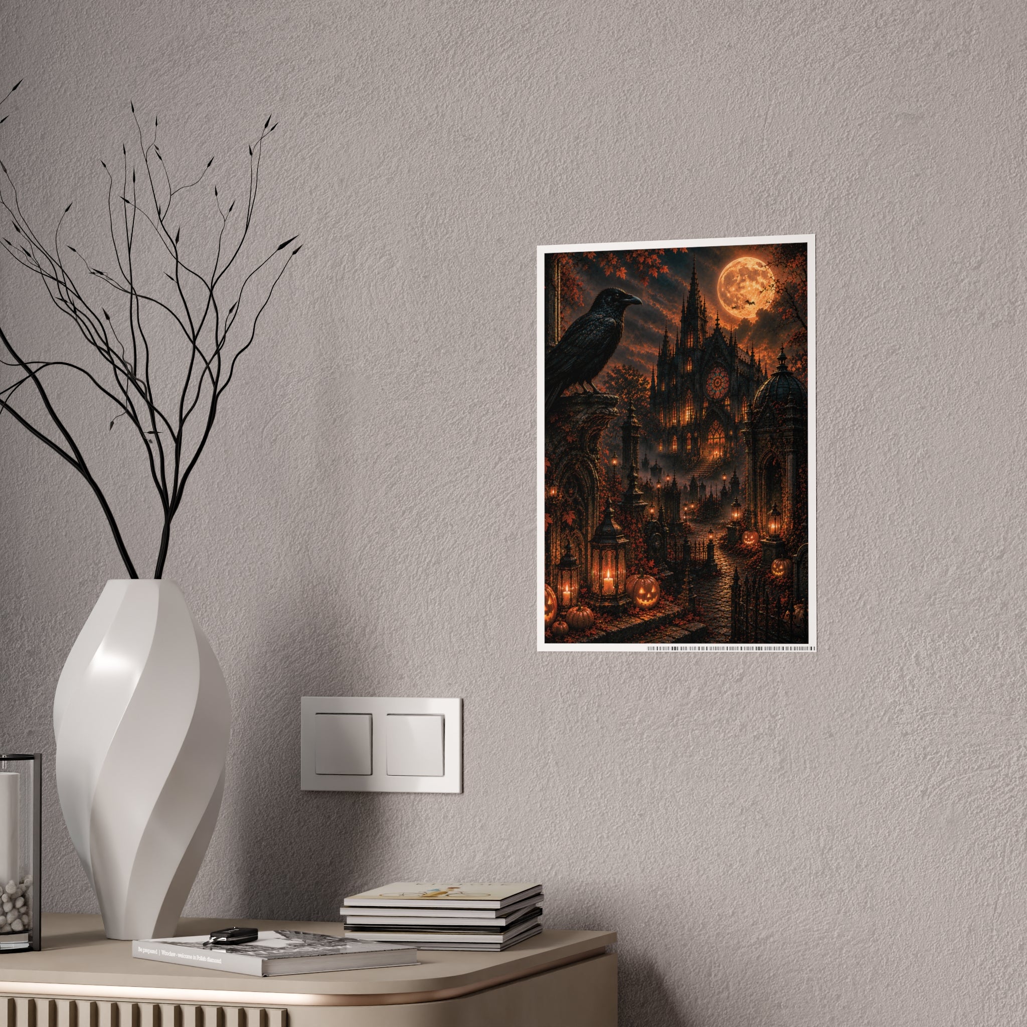 Halloween Gothic Castle Poster — Raven, Full Moon & Pumpkin Night Wall Art
