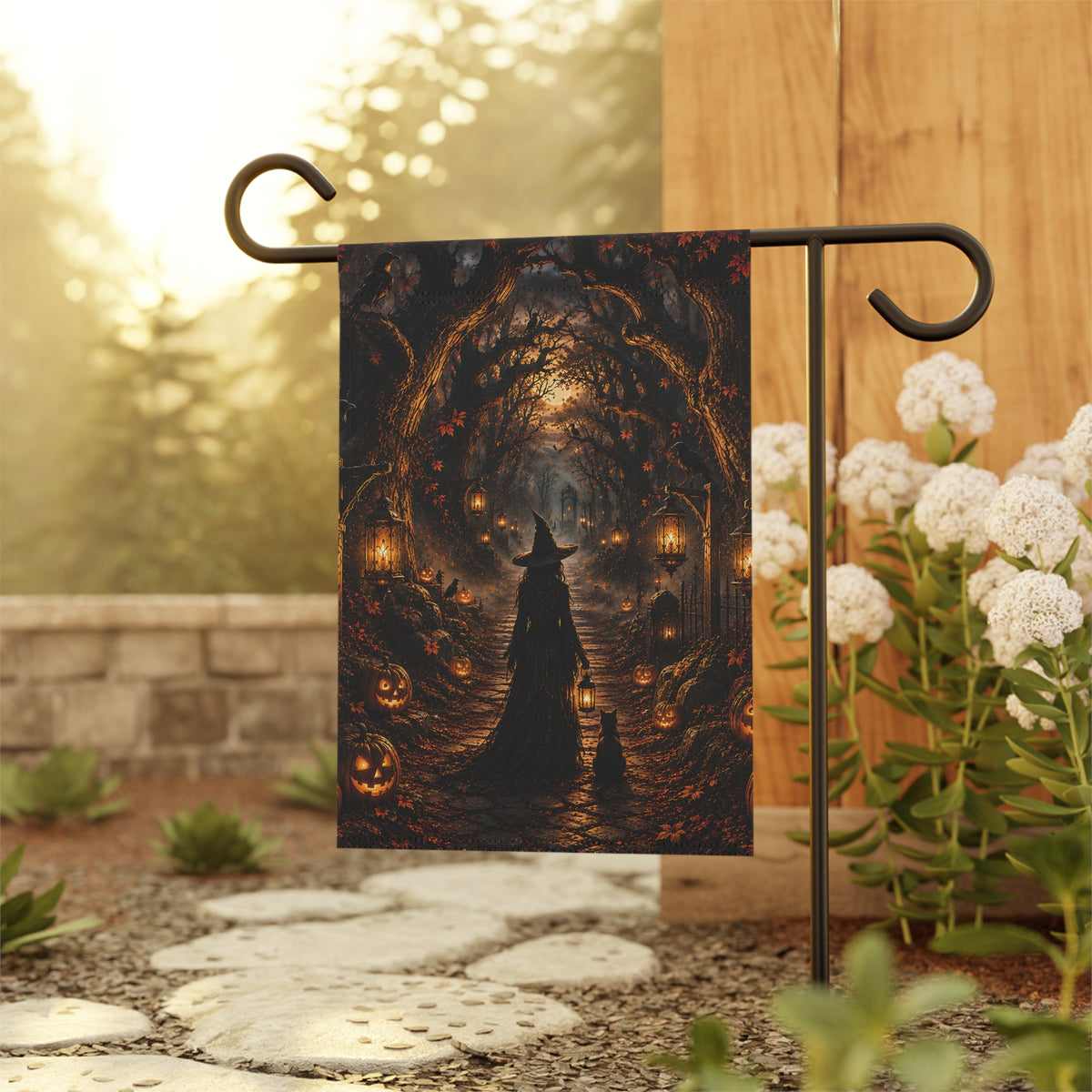 Halloween Witch Garden Flag — Spooky Jack-O'-Lantern Path Yard Banner