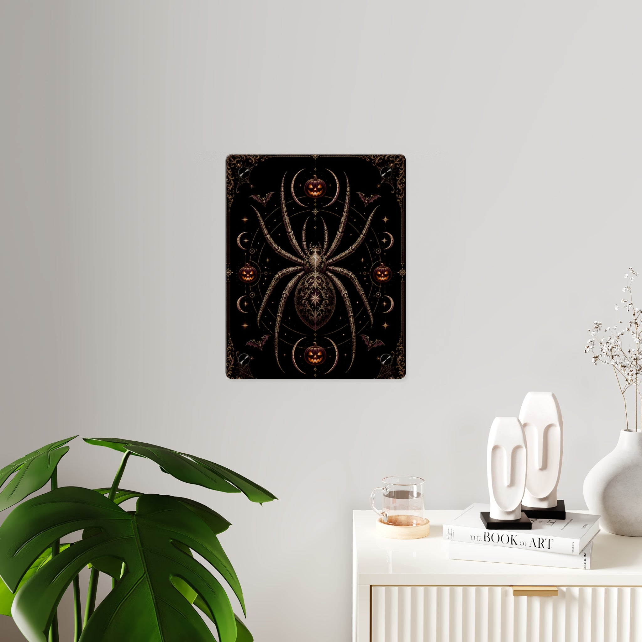 Halloween Spider Acrylic Wall Art Panel — Gothic Pumpkin & Bat Decor