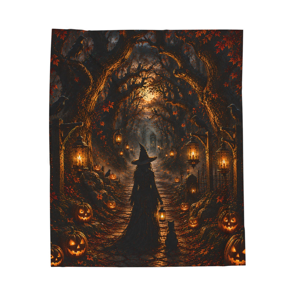 Halloween Witch Path Plush Blanket — Spooky Jack-O'-Lantern Velveteen Throw