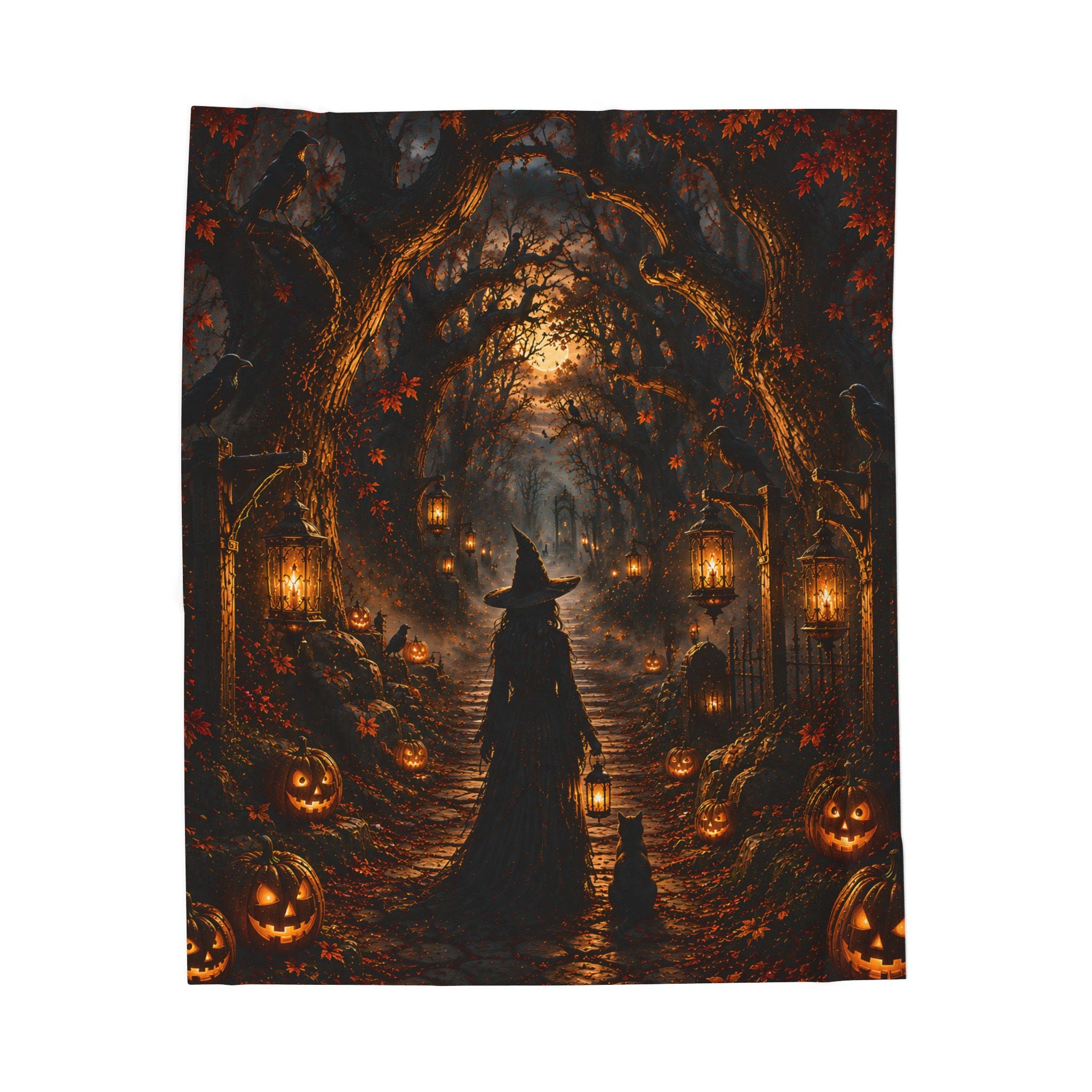 Halloween Witch Path Plush Blanket — Spooky Jack-O'-Lantern Velveteen Throw