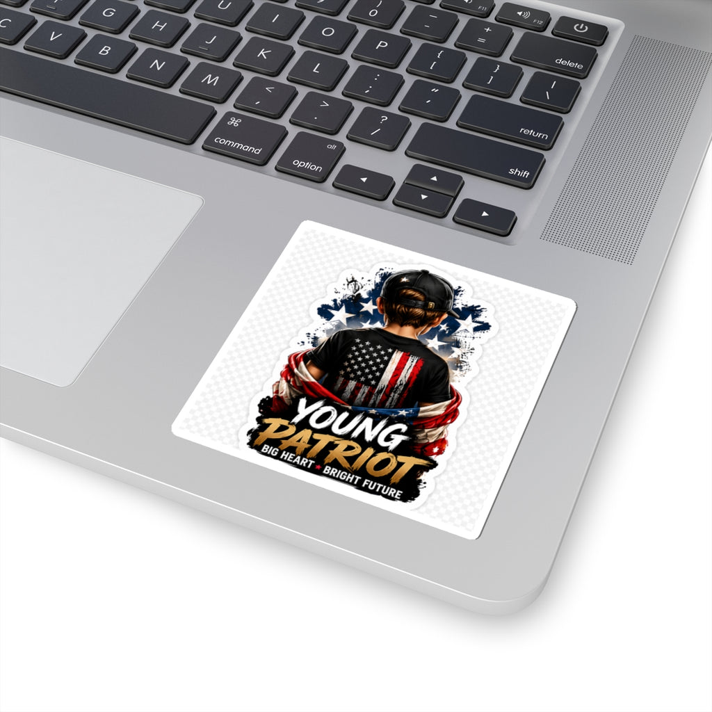 Young Patriot Sticker — Kid with American Flag "Big Heart • Bright Future" Kiss-Cut Sticker