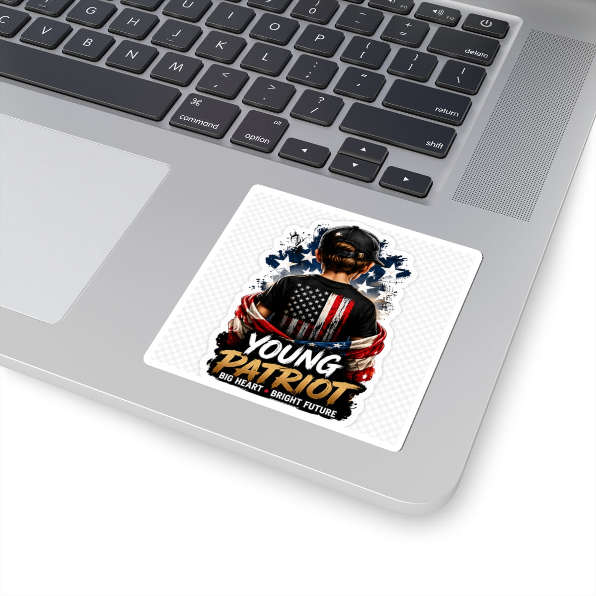 Young Patriot Sticker — Kid with American Flag "Big Heart • Bright Future" Kiss-Cut Sticker