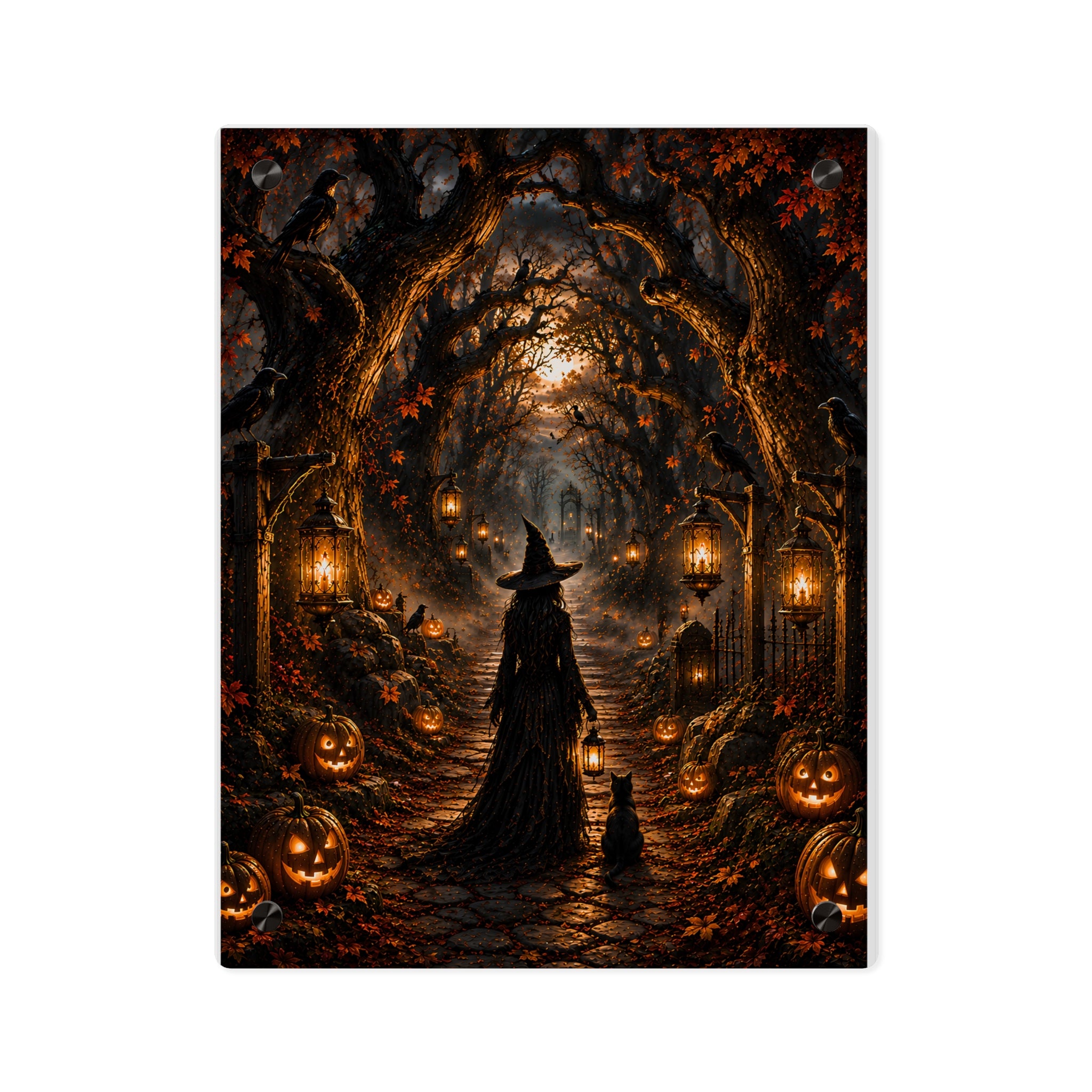 Halloween Witch Acrylic Wall Art Panel — Spooky Pumpkin Pathway Décor