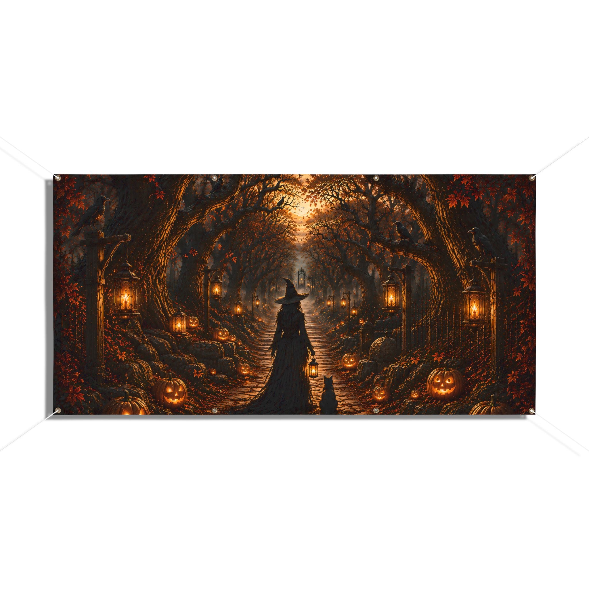 Halloween Witch Path Vinyl Banner — Spooky Pumpkin Lantern Outdoor Decoration