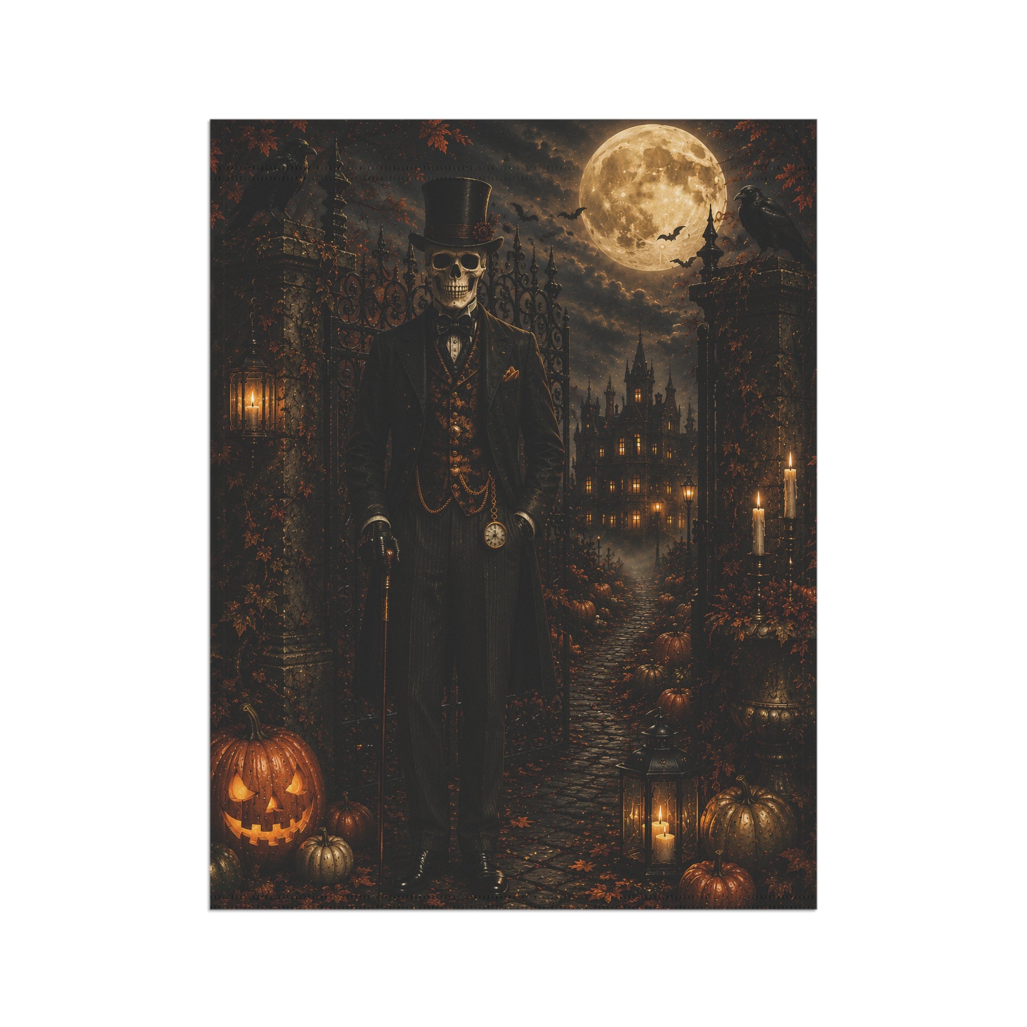 Halloween Skeleton Gentleman Garden Flag - Spooky Moonlit Pumpkin House Banner