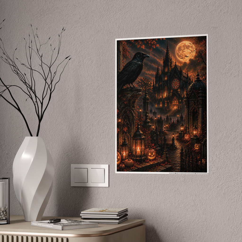 Halloween Gothic Castle Poster — Raven, Full Moon & Pumpkin Night Wall Art