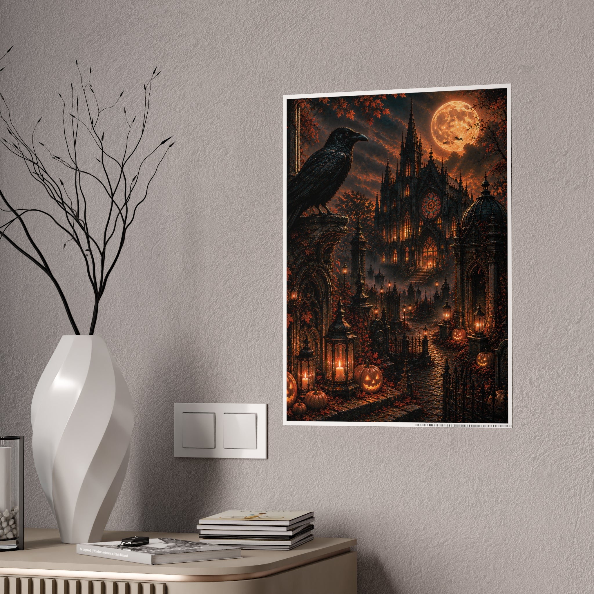 Halloween Gothic Castle Poster — Raven, Full Moon & Pumpkin Night Wall Art