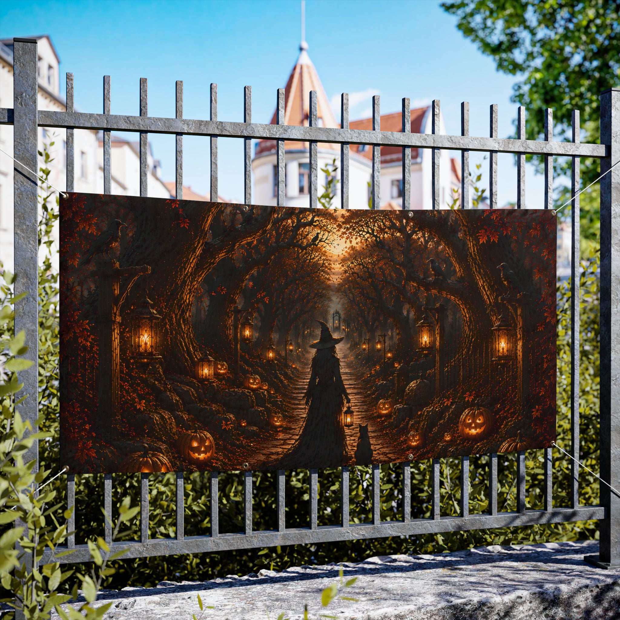 Halloween Witch Path Vinyl Banner — Spooky Pumpkin Lantern Outdoor Decoration