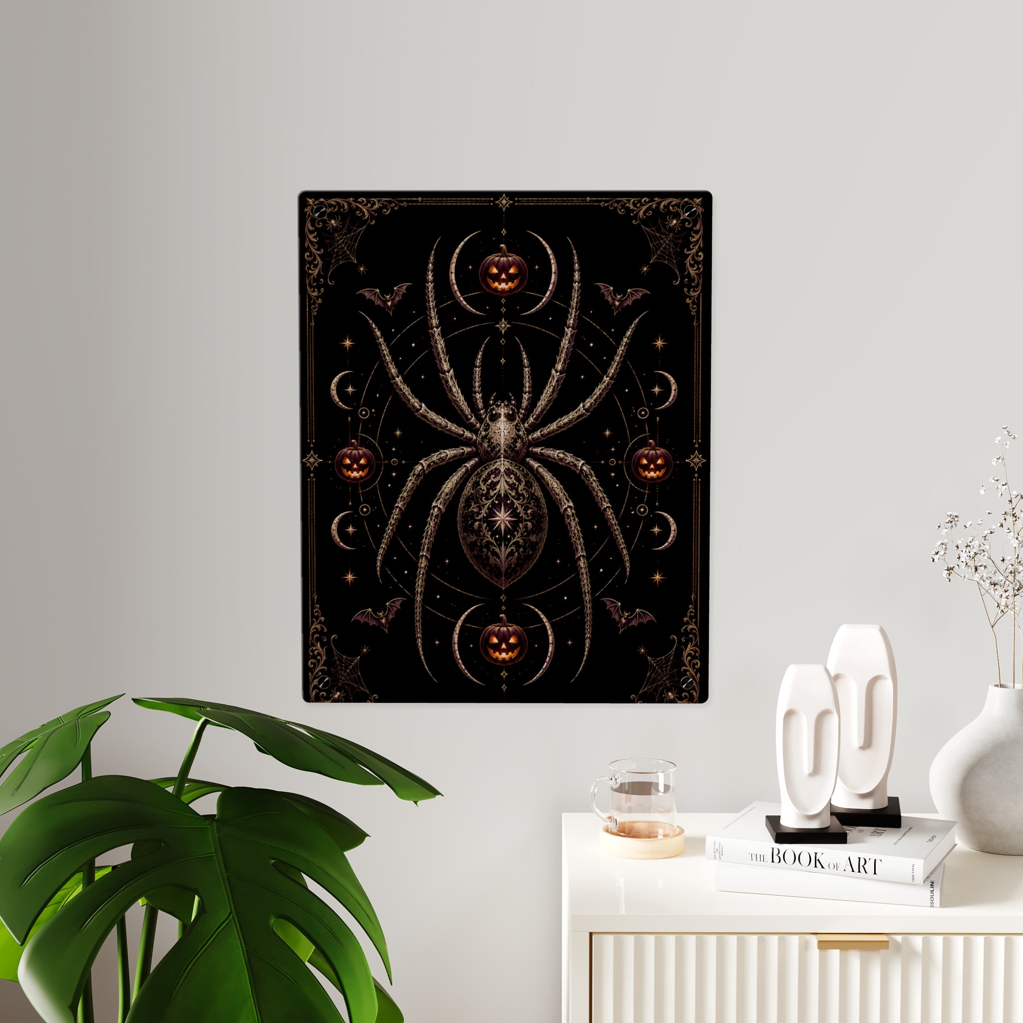 Halloween Spider Acrylic Wall Art Panel — Gothic Pumpkin & Bat Decor