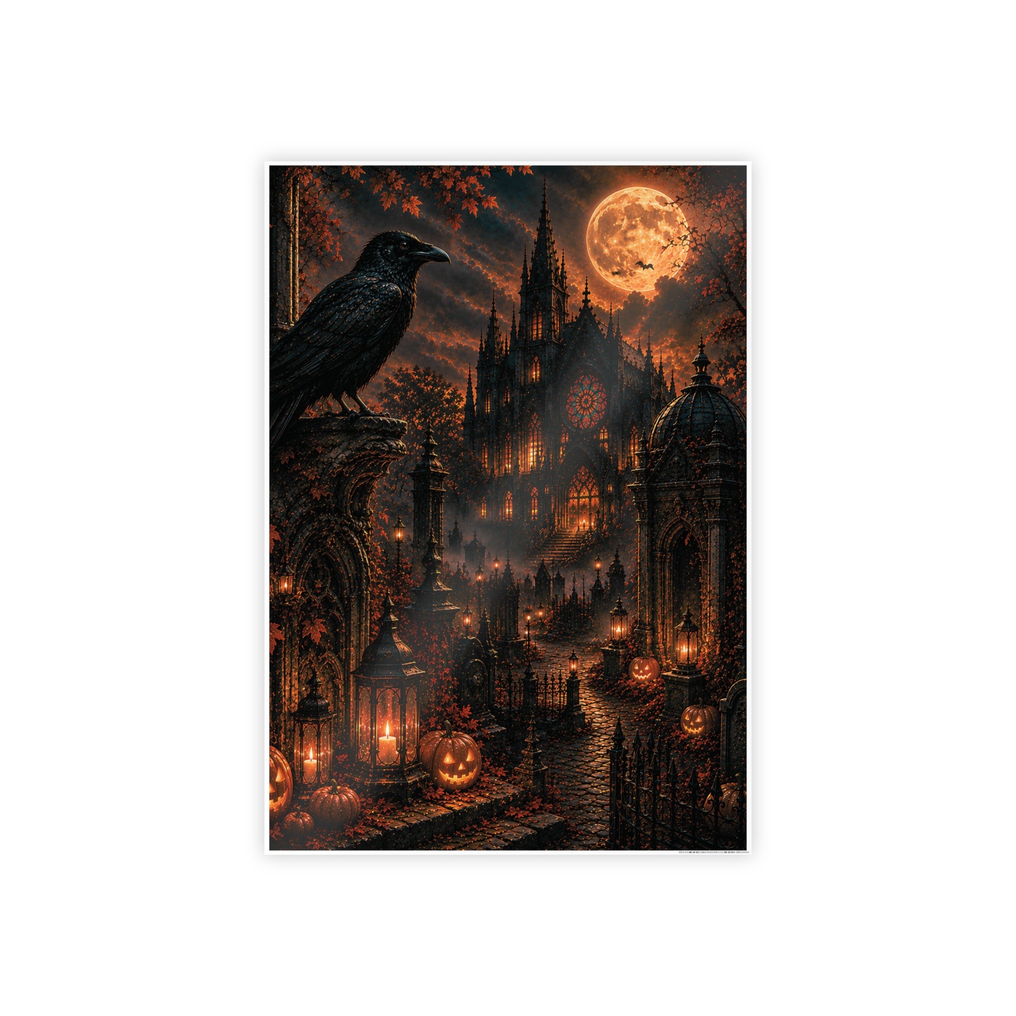 Halloween Gothic Castle Poster — Raven, Full Moon & Pumpkin Night Wall Art