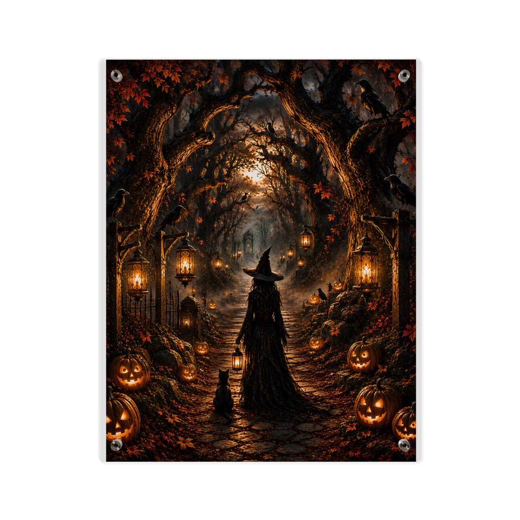 Halloween Witch Acrylic Wall Art Panel — Spooky Pumpkin Pathway Décor